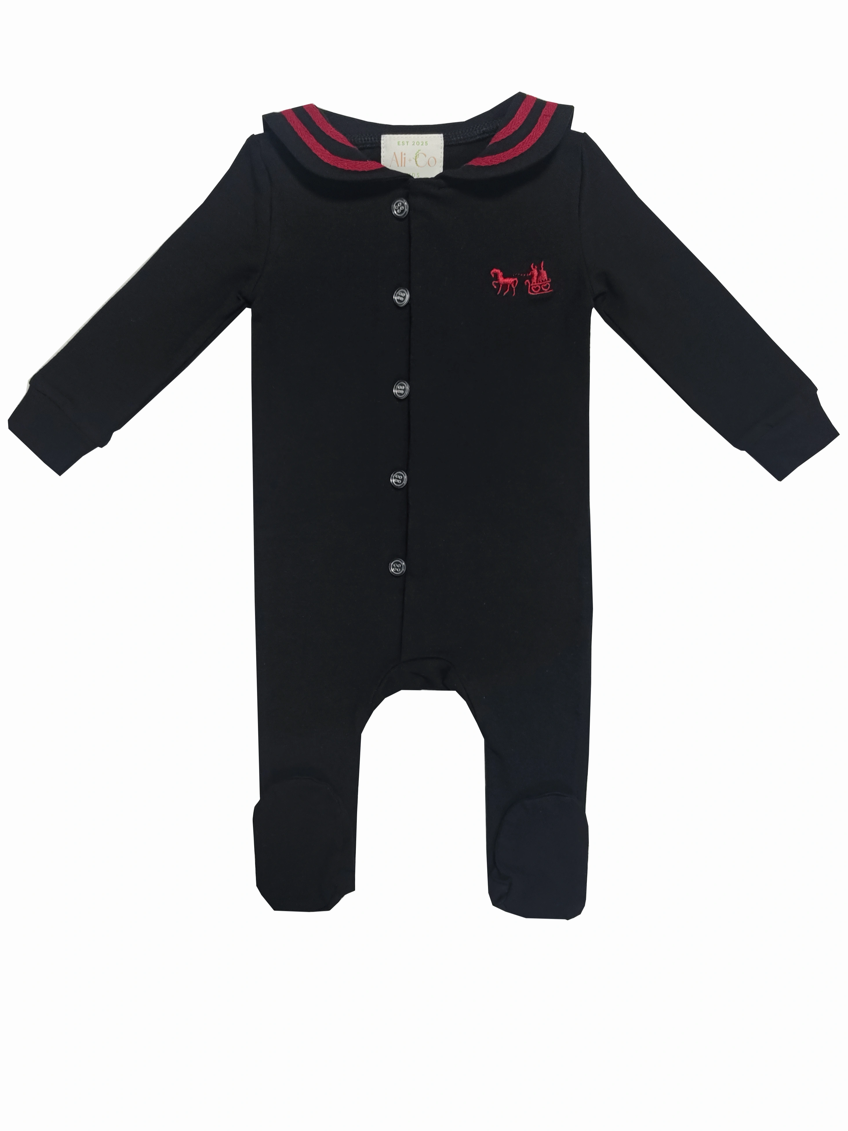 Tiny Heirlooms Black Embroidered Baby Stretchie – Ali & Co Tiny Heirlooms AW26