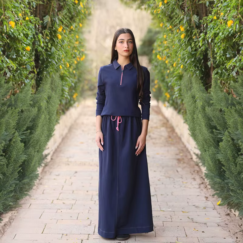 Black & Navy French Terry Zip-Front Kids' Top & Maxi Skirt Set from Bloom Family Fashion on AliExpress