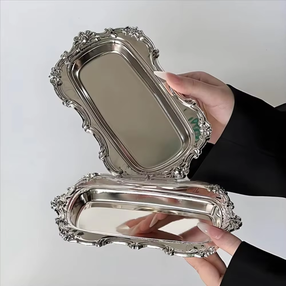 European Vintage Embossed Tray Embossed Design Gold Silver