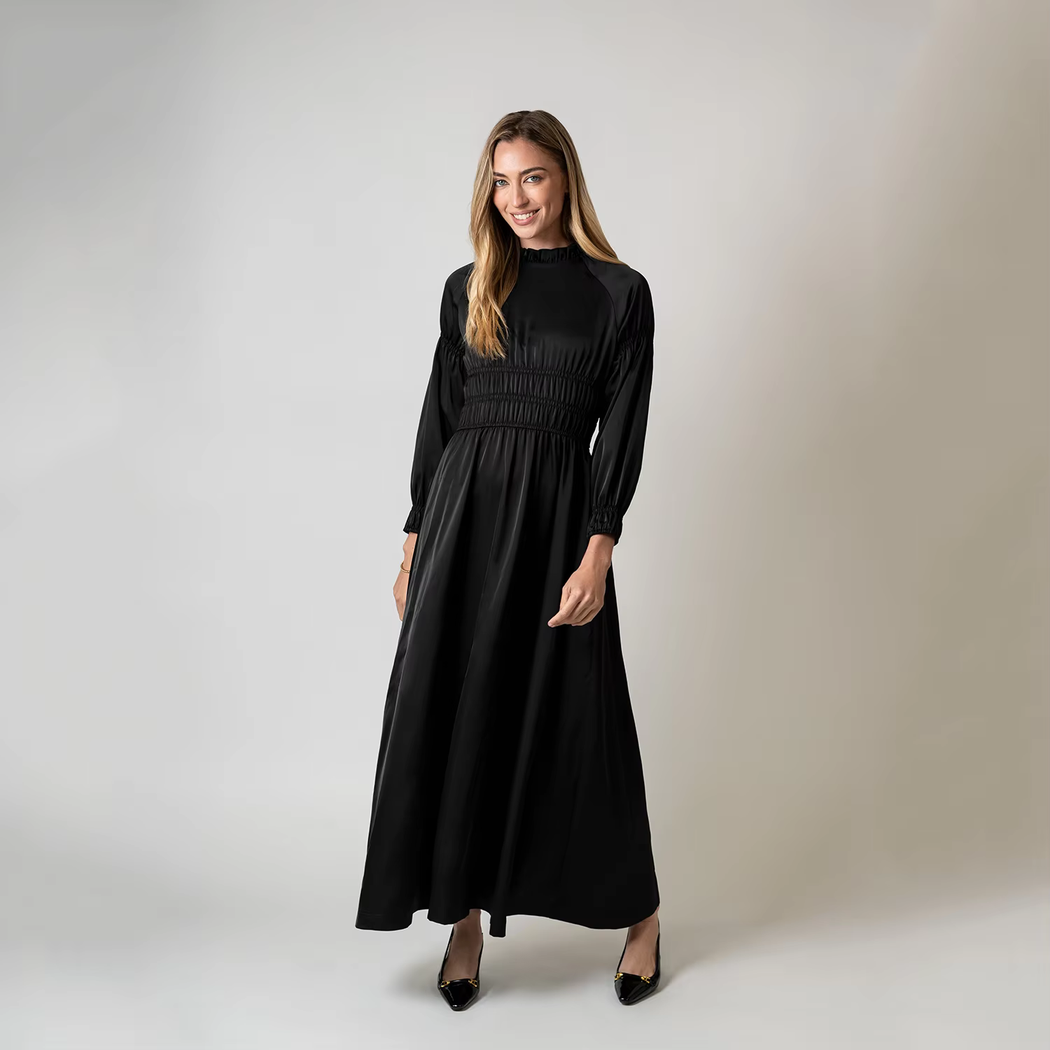 Black Satin Smocked Dress