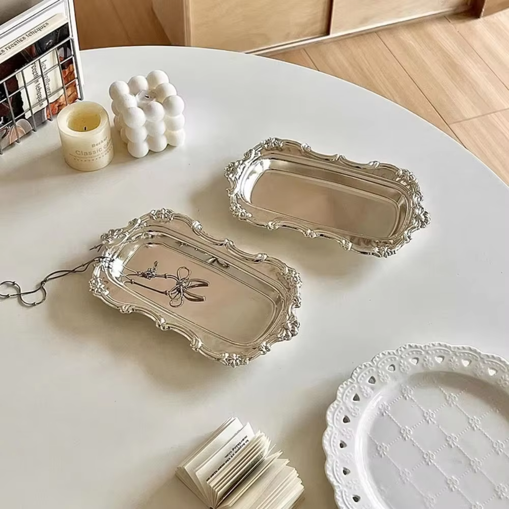 European Vintage Embossed Tray Embossed Design Gold Silver