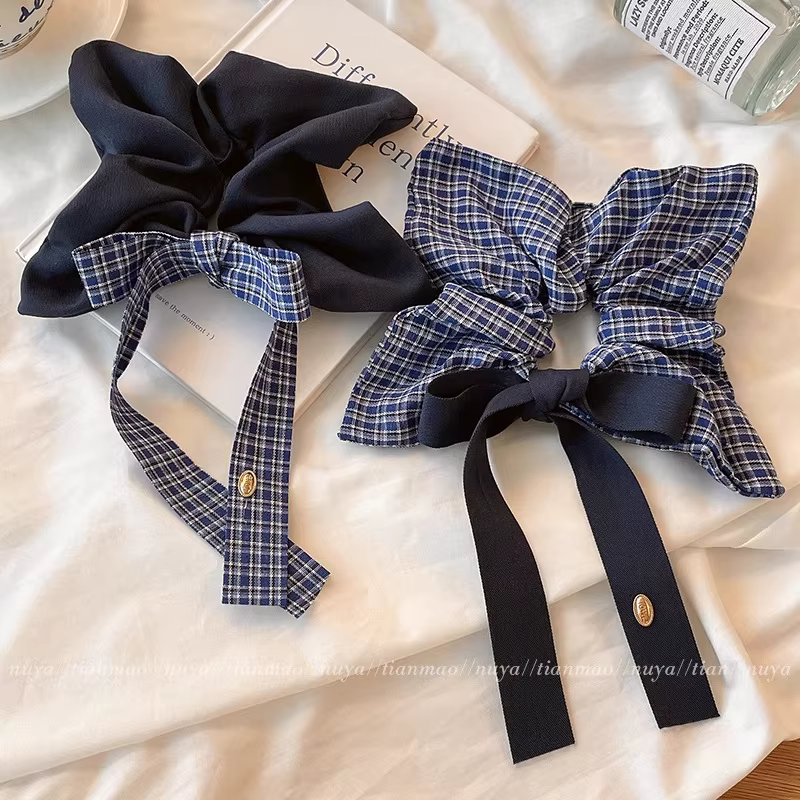 Korean Vintage Denim Blue Square Scrunchie Hair Tie Elastic