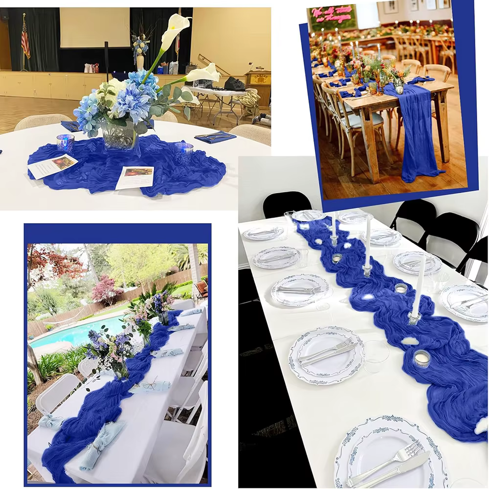 Royal blue cheesecloth table runner