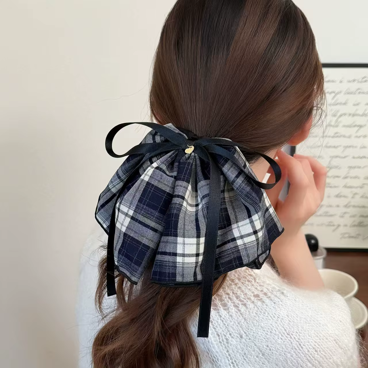 Bow Ribbon Plaid Skirt Large Scrunchie Ponytail Hair Tie
