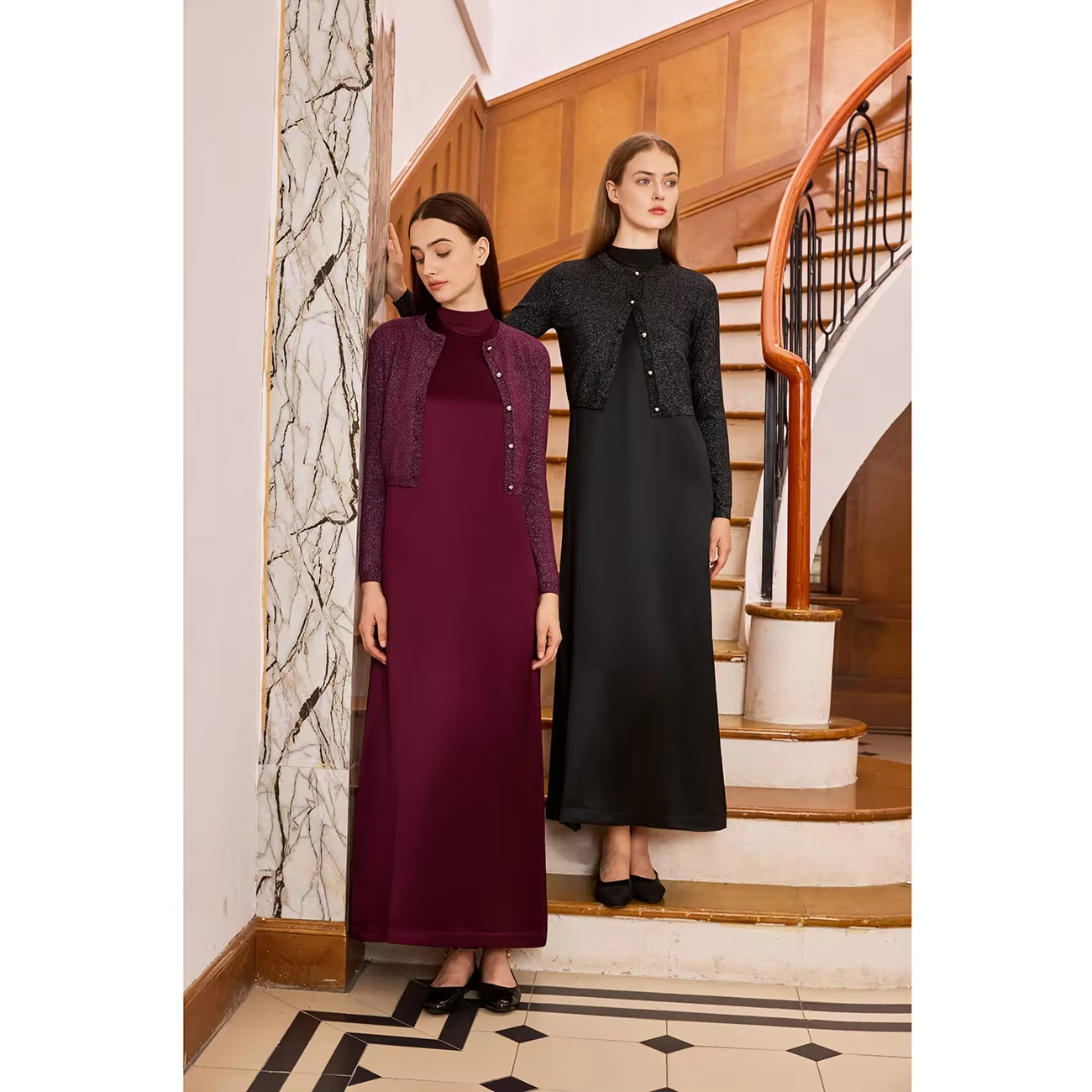 Satin Maxi Dress with Lurex Cardigan