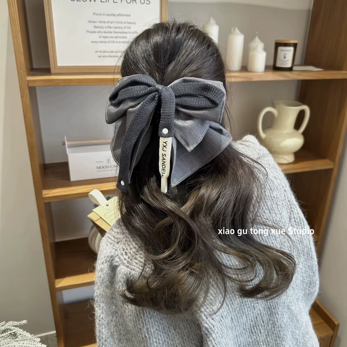 Grip Clip, Denim Gray High Ponytail Bow Hair Clip