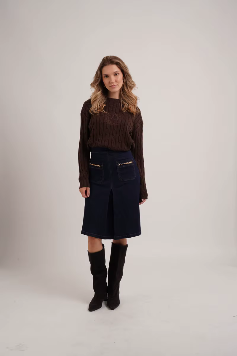 Denim Chain-Pocket Midi Skirt – Brown