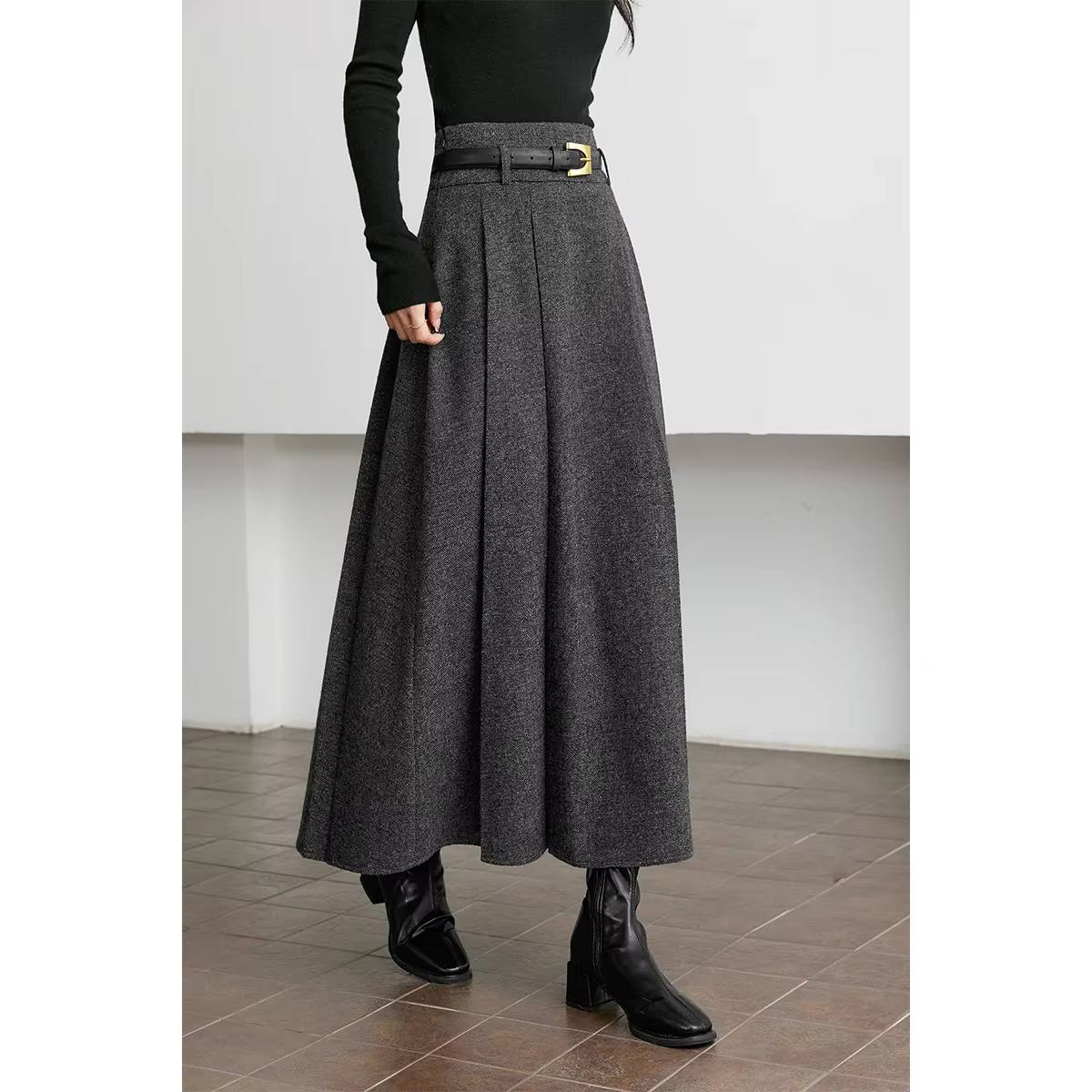 Wool-Blend Pleated Maxi Skirt