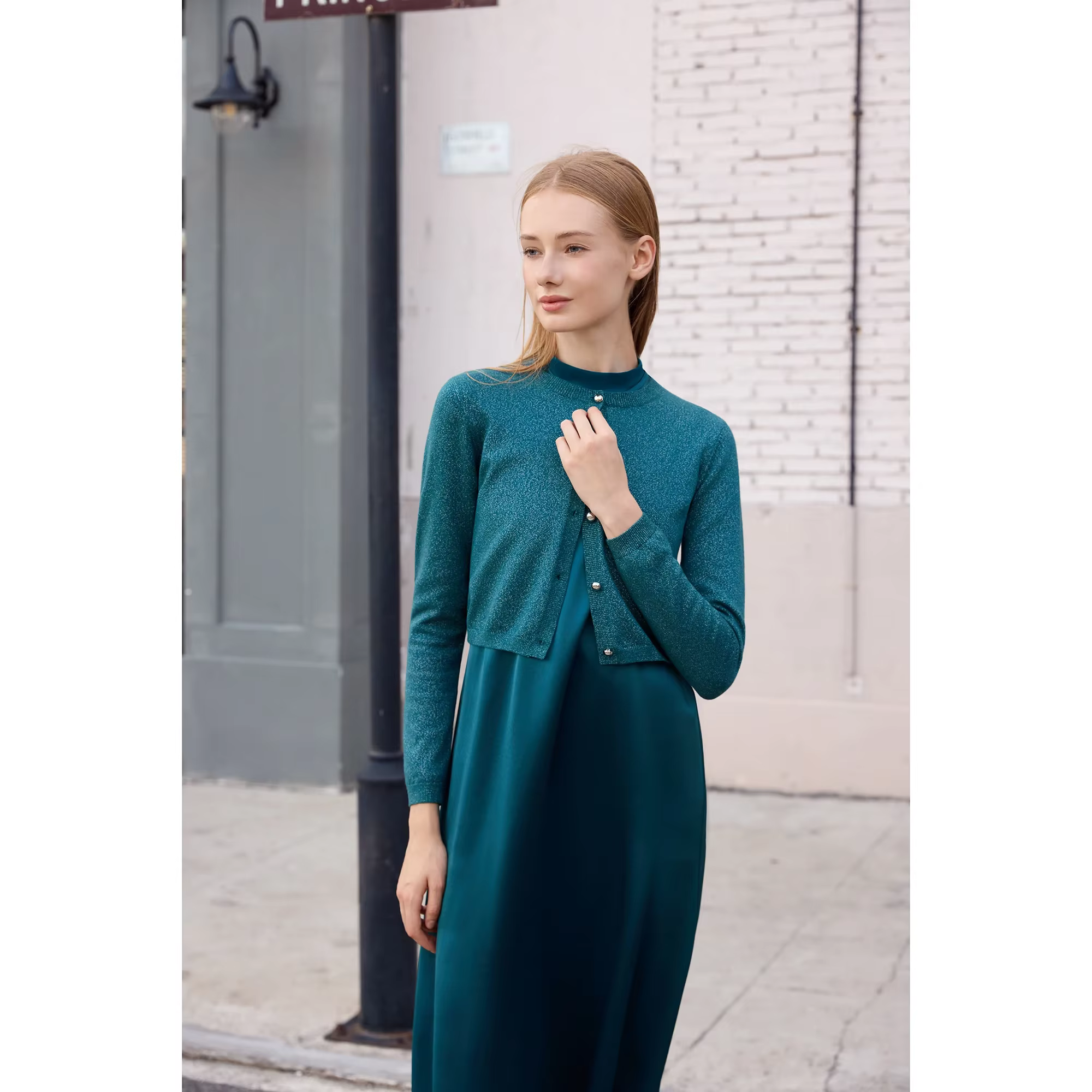 Satin Maxi Dress with Lurex Cardigan