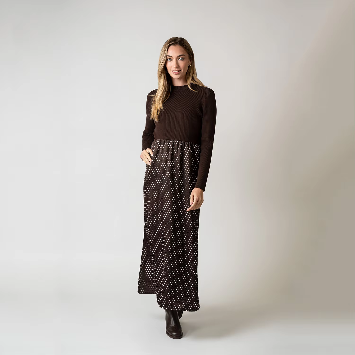 Brown Polka Dot Satin Patchwork Dress