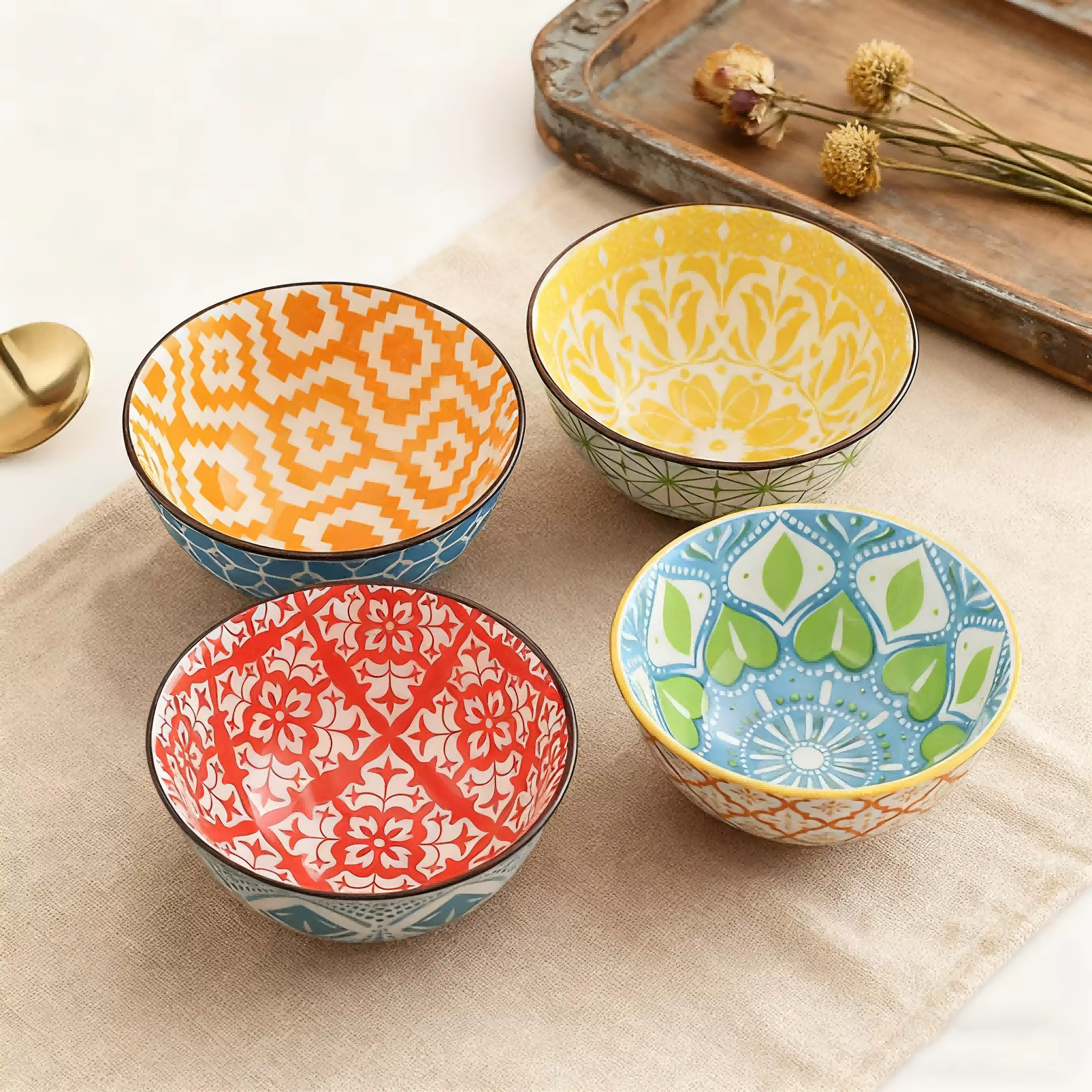 Bohemian Ceramic Bowl Set of 4