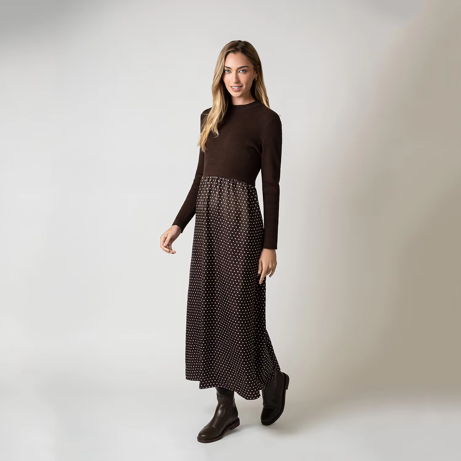 Brown Polka Dot Satin Patchwork Dress