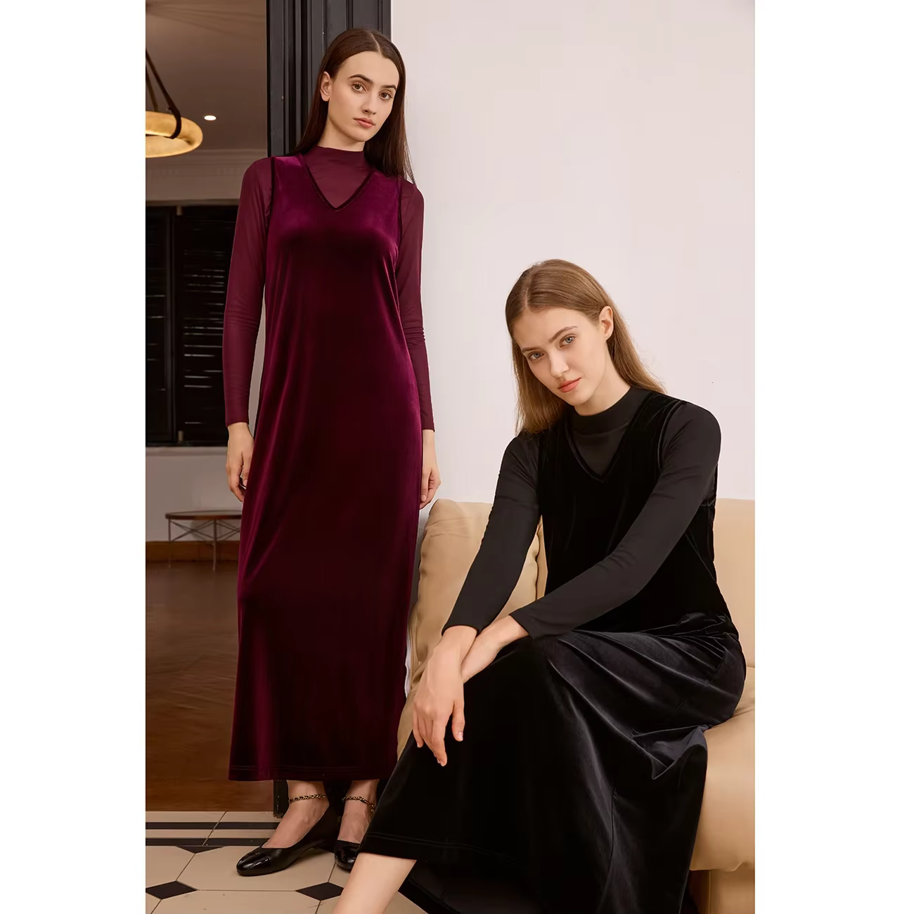 Velvet Maxi Dress with Mesh Shirt