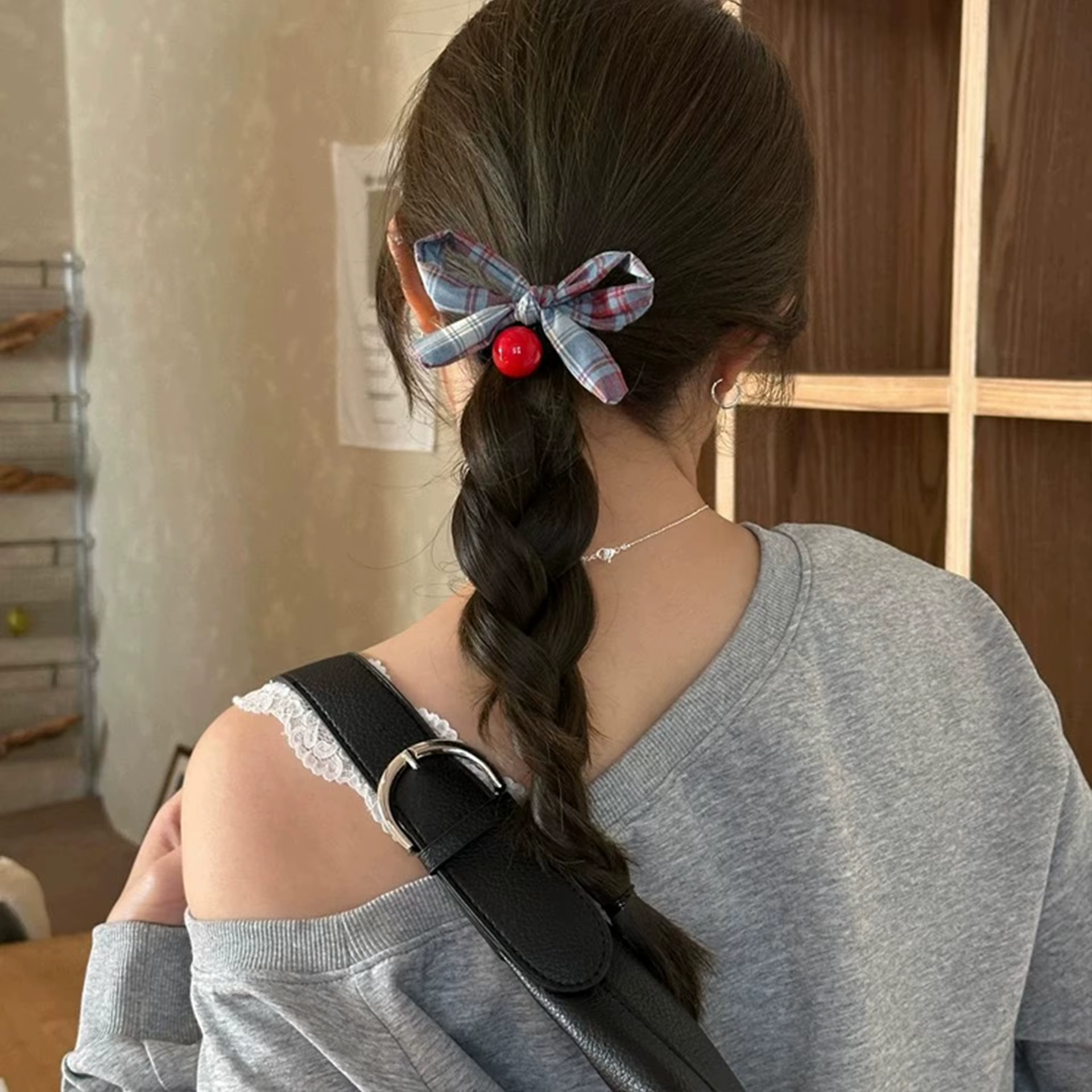 Korean Plaid Striped Bow Scrunchie, Retro Hair Tie Head