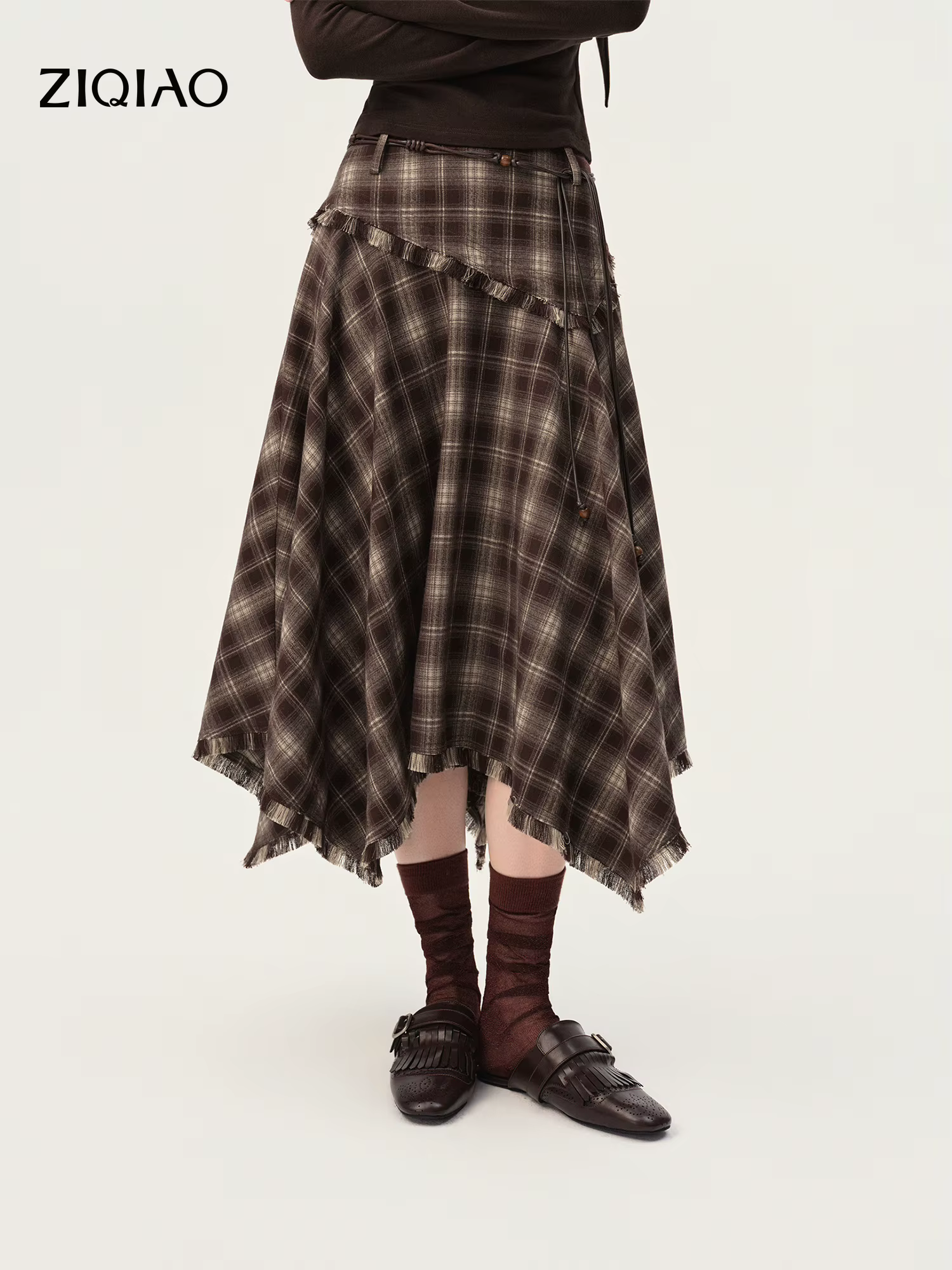 Plaid Asymmetric Maxi Skirt
