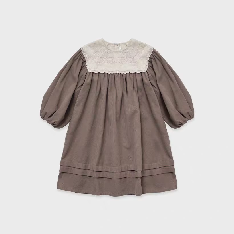 Girls' Taupe Puff-Sleeve Collar Dress