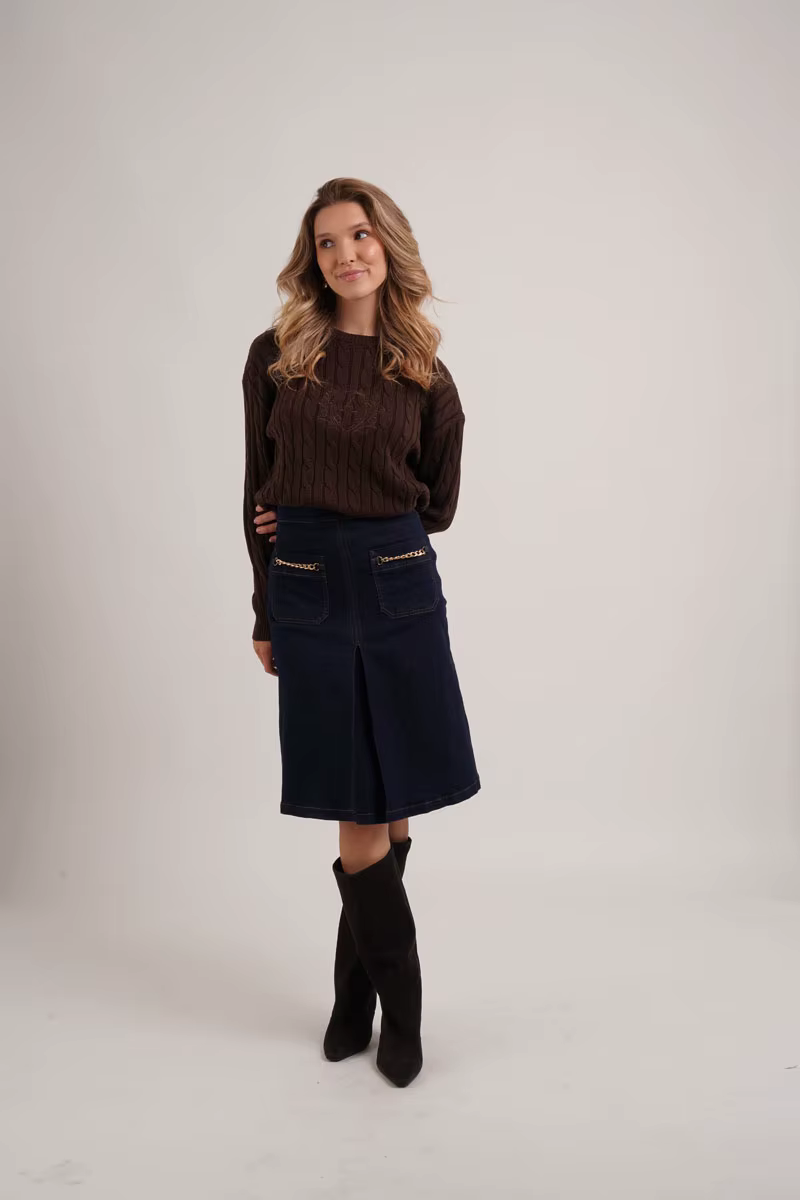 Denim Chain-Pocket Midi Skirt – Brown — image 3