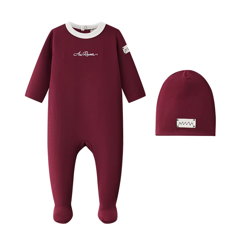 Embroidered Layette Collection – Burgundy Romper