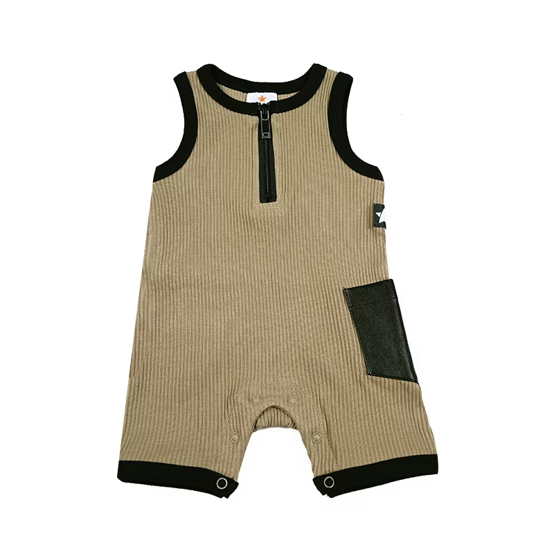 Leather Pocket Ribbed Collection – Khaki Baby Romper