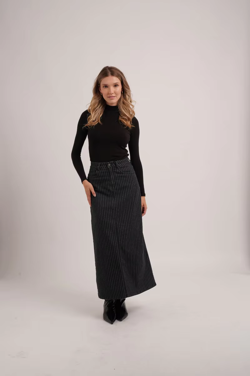 Black Pinstripe Denim Skirt – Blue — image 2