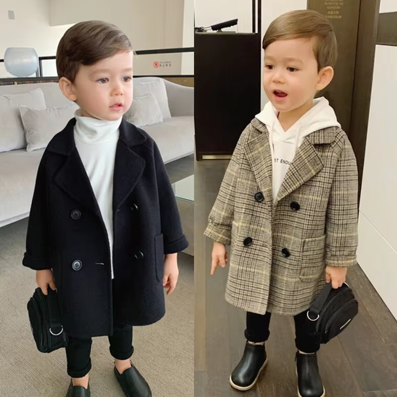 Boys' Plaid Long Trench Coat