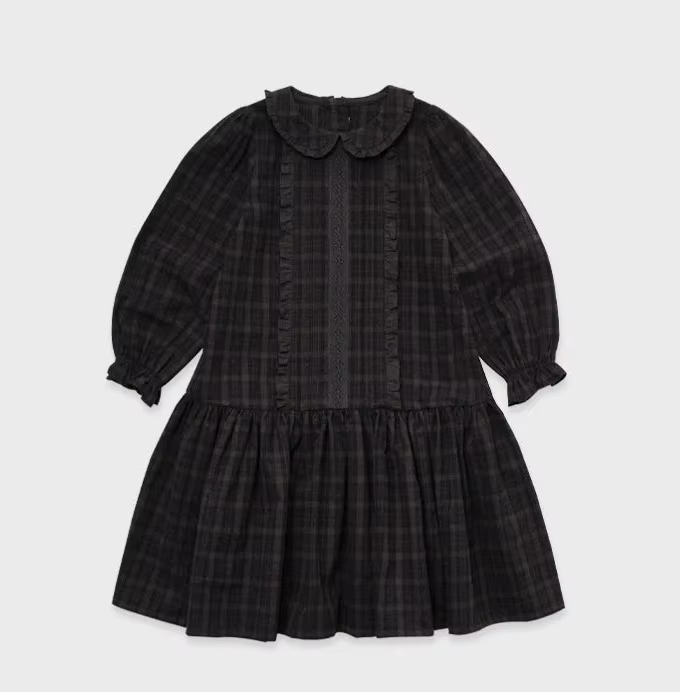 Girls' Black Plaid Long-Sleeve Dress