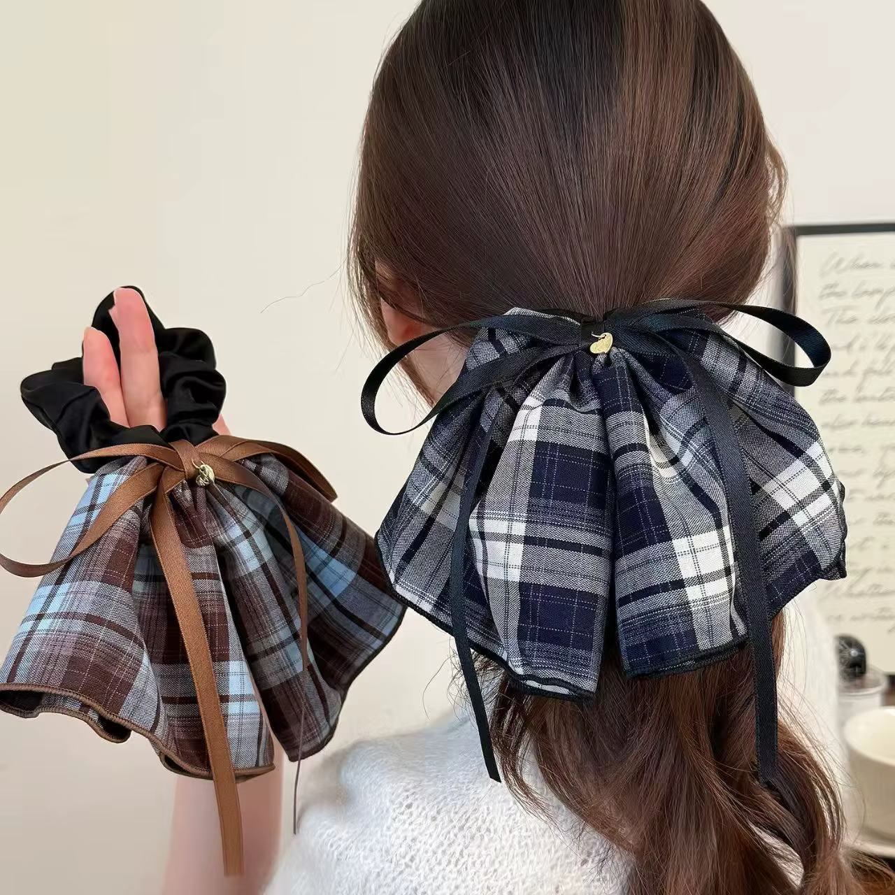 Bow Ribbon Plaid Skirt Large Scrunchie Ponytail Hair Tie — image 2