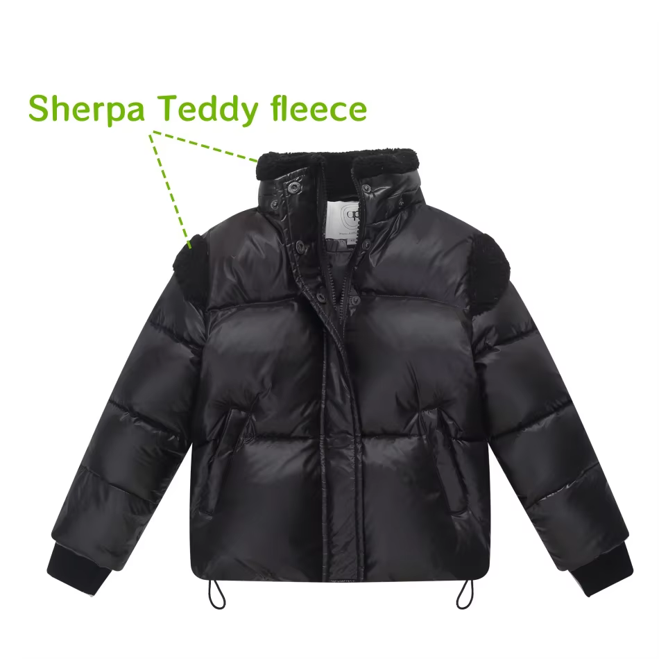 Black Sherpa Teddy Down Coat – No Hood — image 2