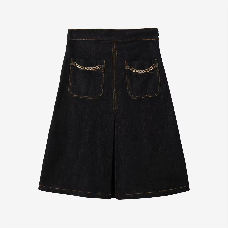 Denim Chain-Pocket Midi Skirt – Black – Ali Specials AW26