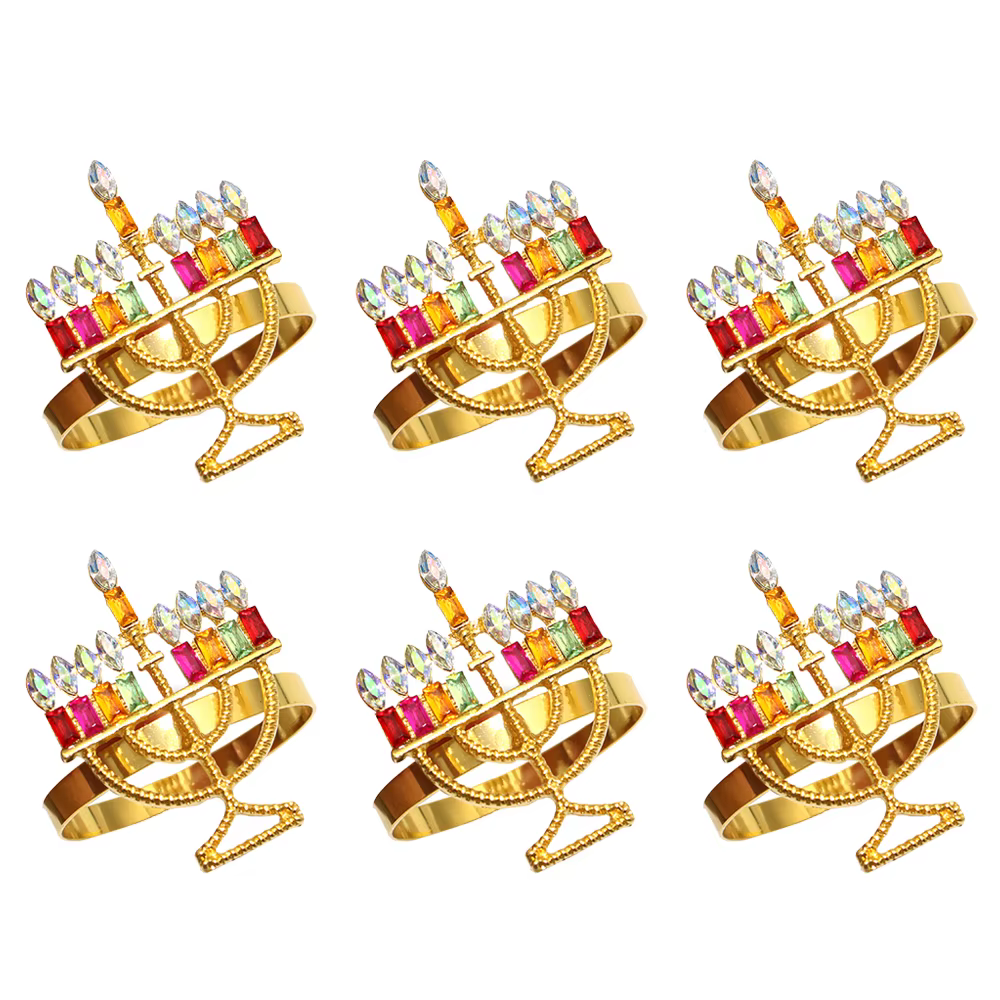 Gold menorah napkin rings for a Chanukah table setting