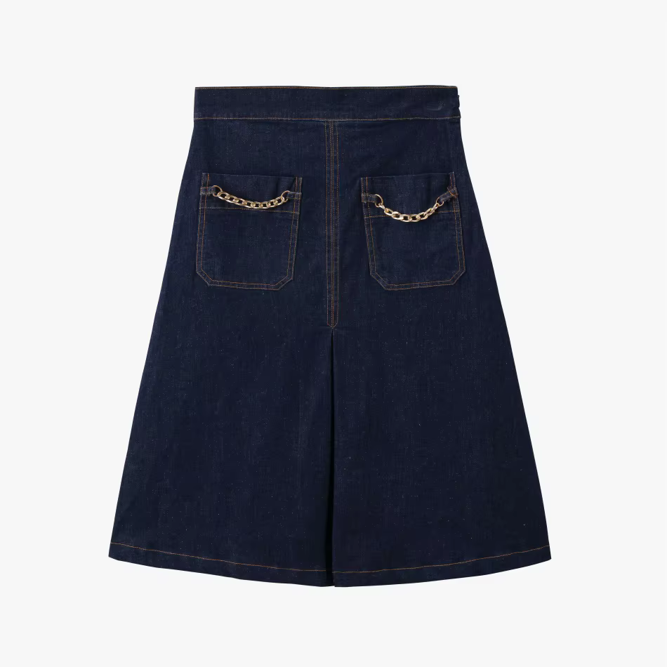 Denim Chain-Pocket Midi Skirt – Black — image 3