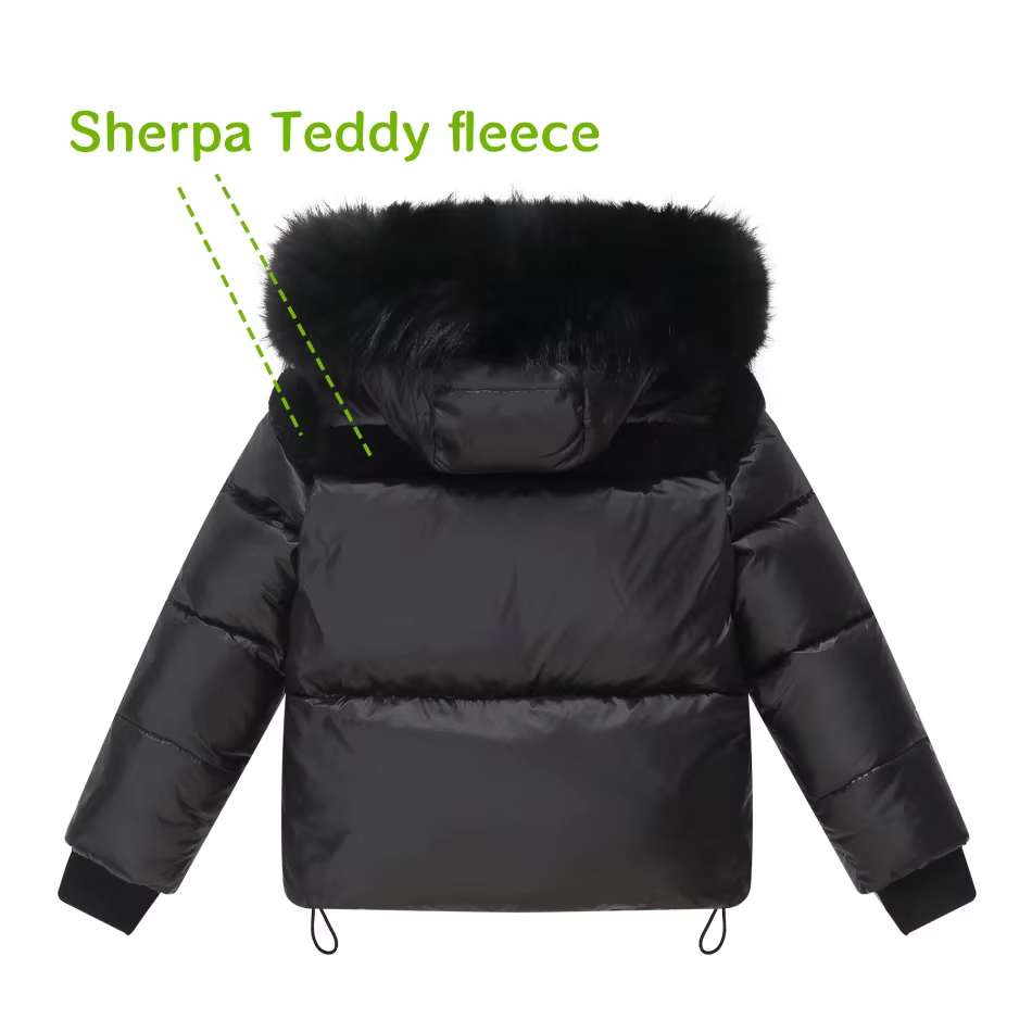 Black Sherpa Teddy Down Coat – No Hood — image 6