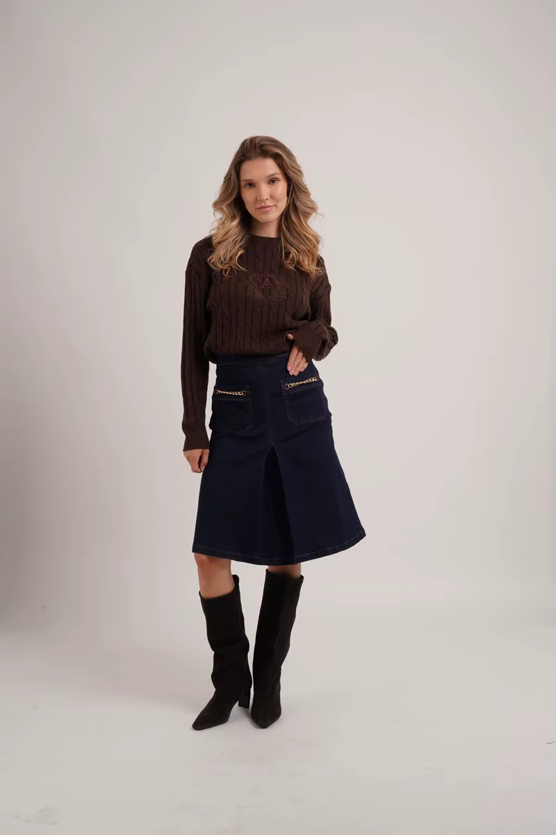 Denim Chain-Pocket Midi Skirt – Black — image 2