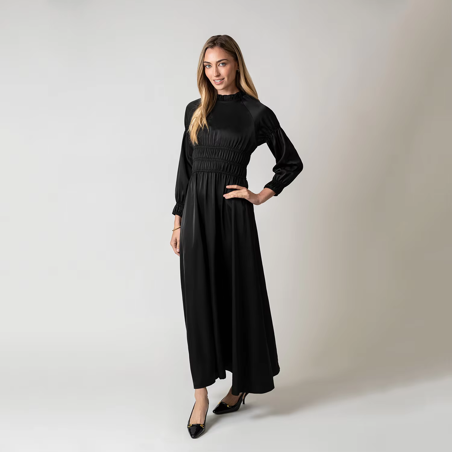 Black Satin Smocked Dress — image 6