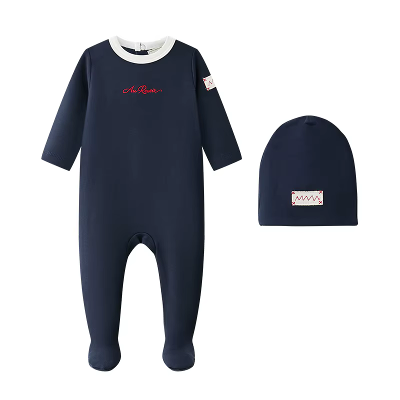 Embroidered Layette Collection – Dark Blue Romper