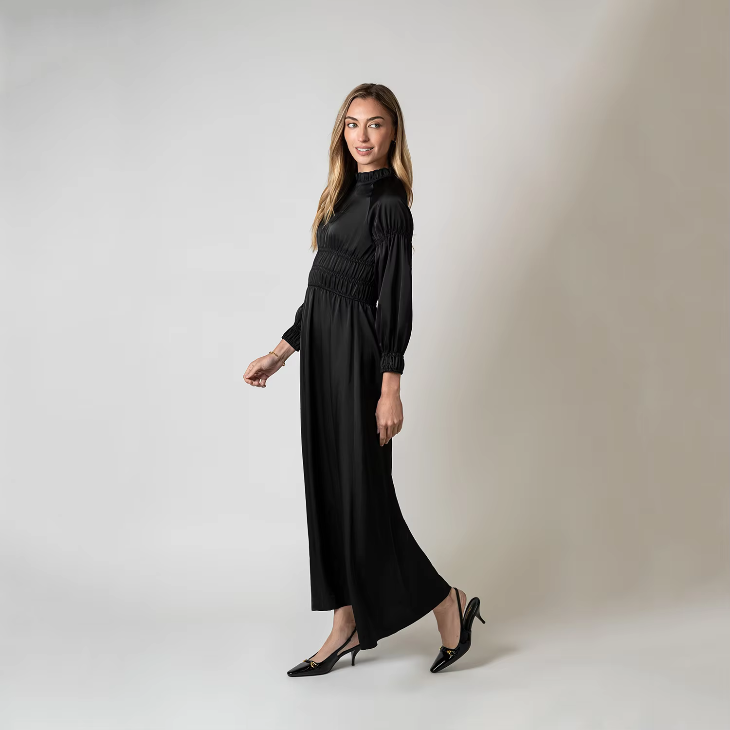 Black Satin Smocked Dress — image 5