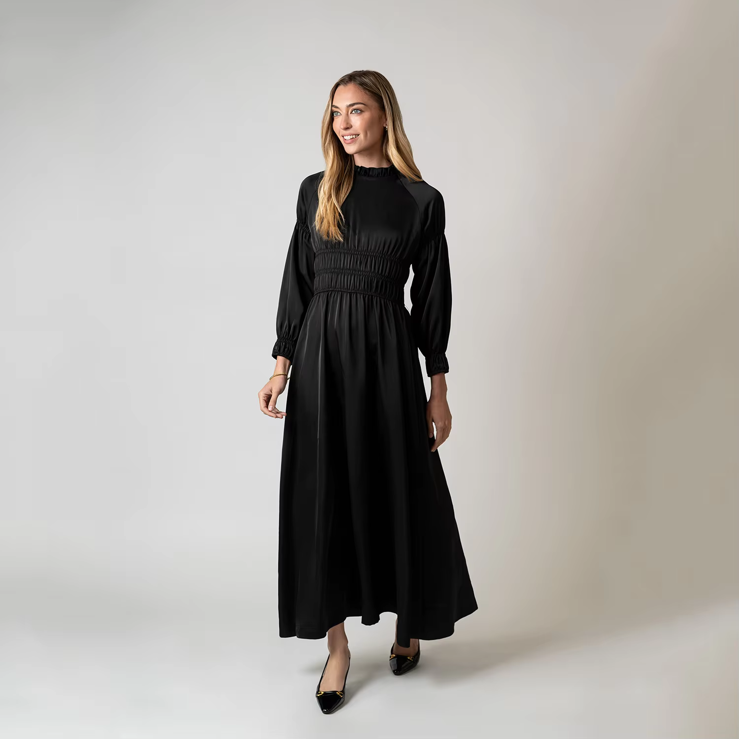 Black Satin Smocked Dress — image 3
