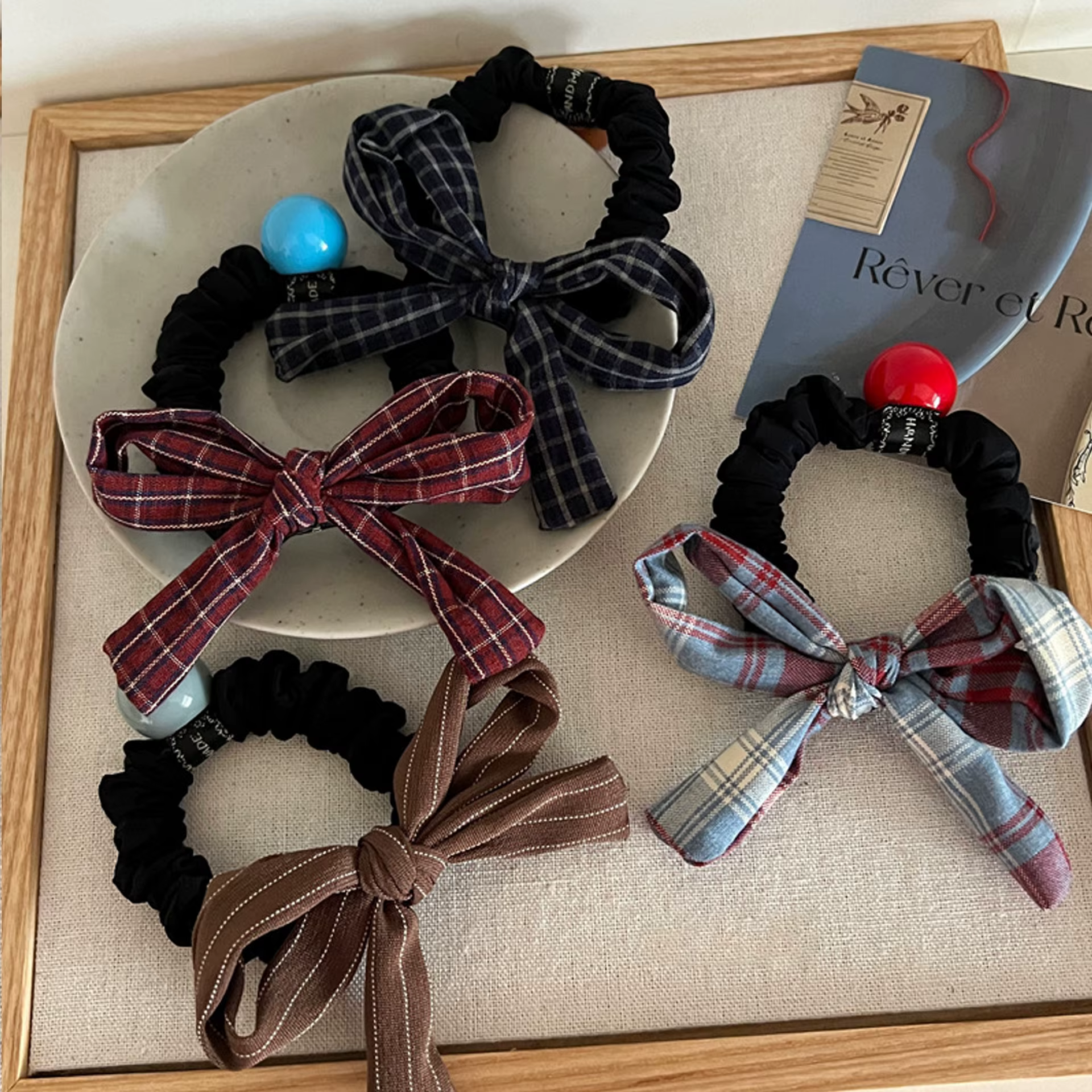 Korean Plaid Striped Bow Scrunchie