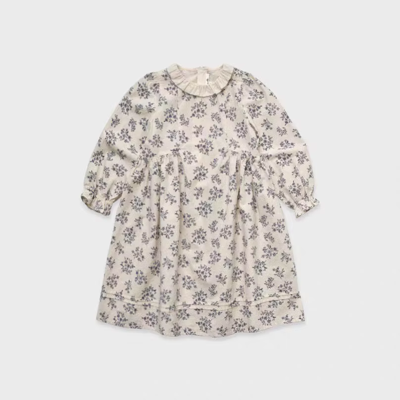 Girls' Cream Grey-Floral Long-Sleeve Dress
