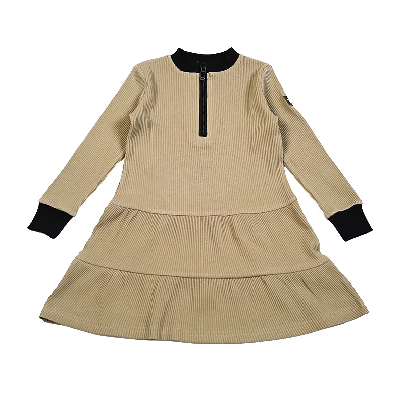 Leather Pocket Ribbed Collection – Khaki Long Dress
