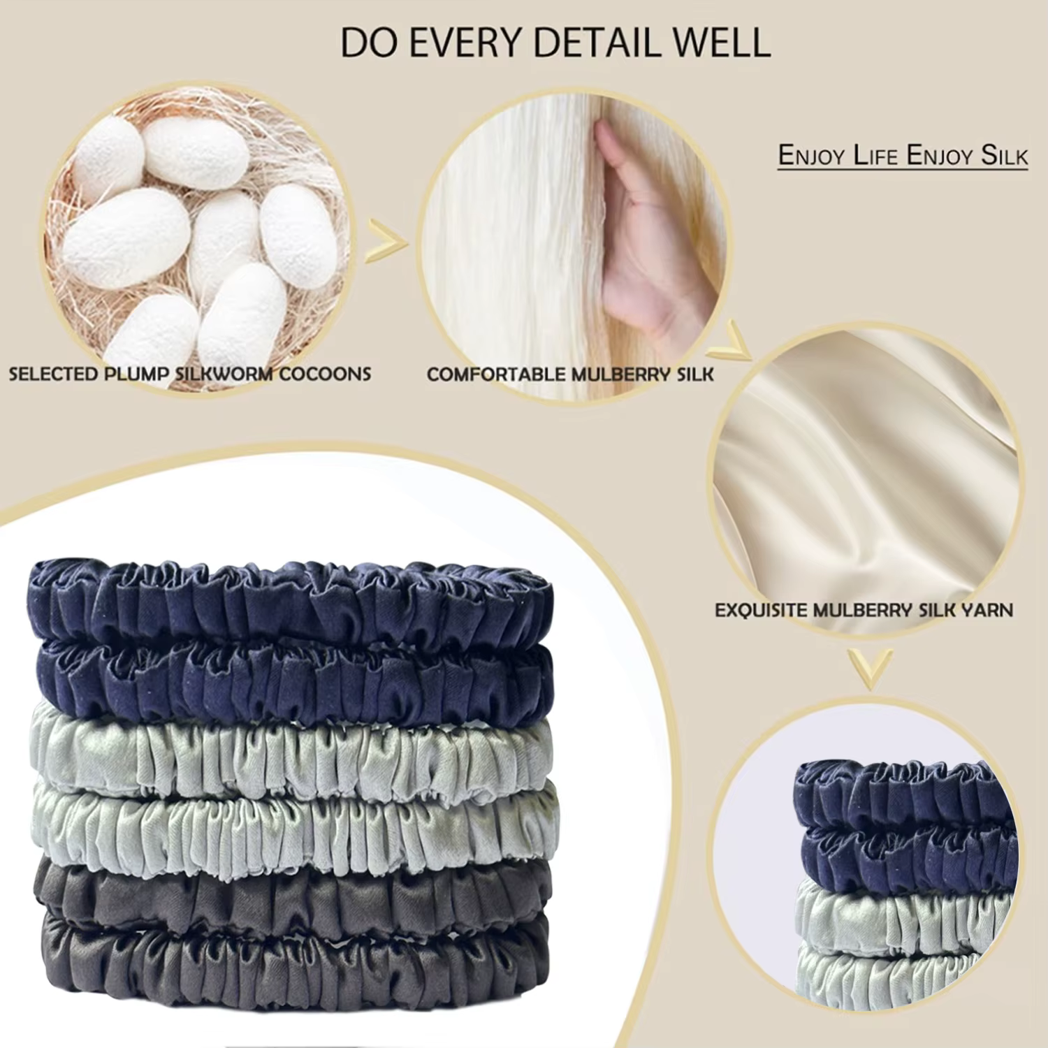 6Pcs 100% Pure Mulberry Silk Hair Scrunchie Handmade Hairbands — image 3