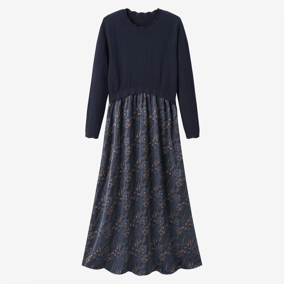 Knitted Satin Maxi Dress – Navy Print – Ali Specials AW26