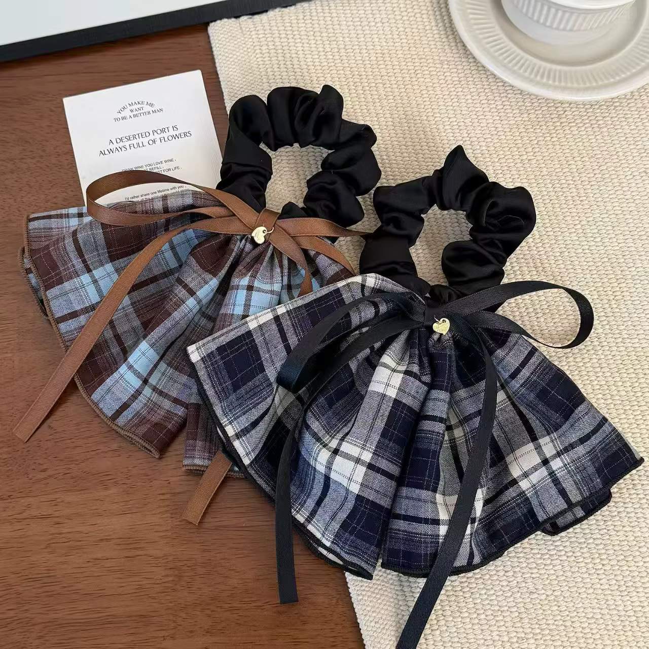 Bow Ribbon Plaid Skirt Large Scrunchie Ponytail Hair Tie