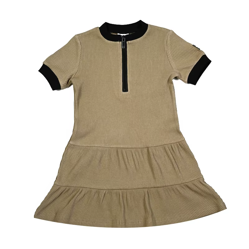 Leather Pocket Ribbed Collection – Khaki Short Dress