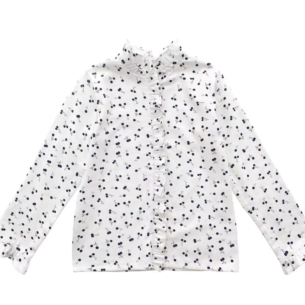 Girls' White Cherry-Print Ruffle Blouse
