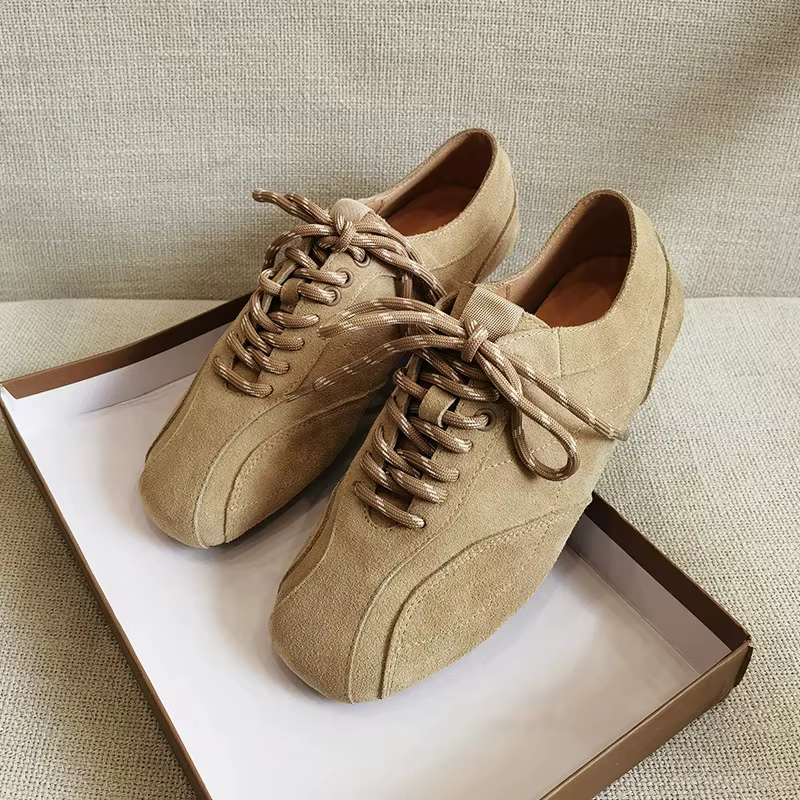Suede lace-up platform flats in neutral colours – AW26