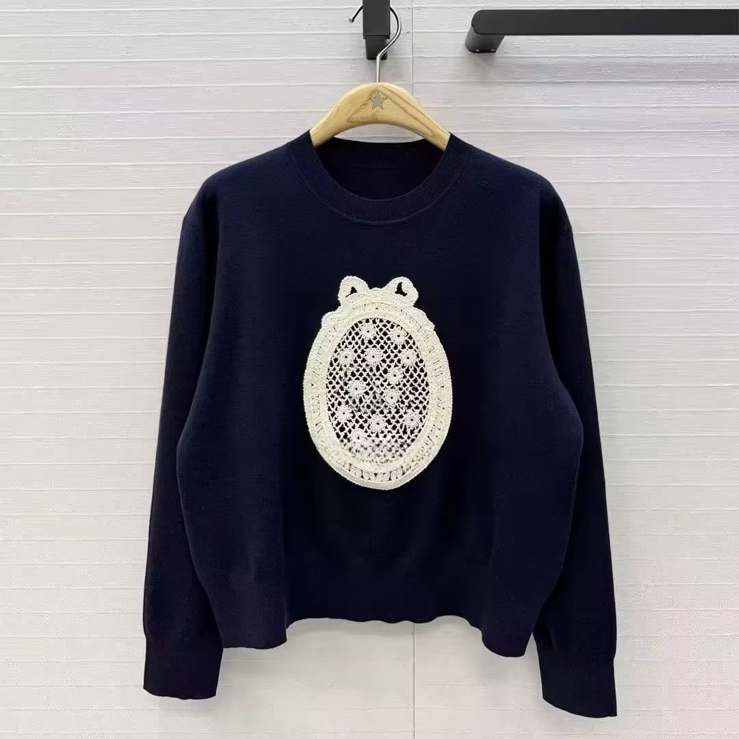 Lace-Embroidered Wool Knit Sweater
