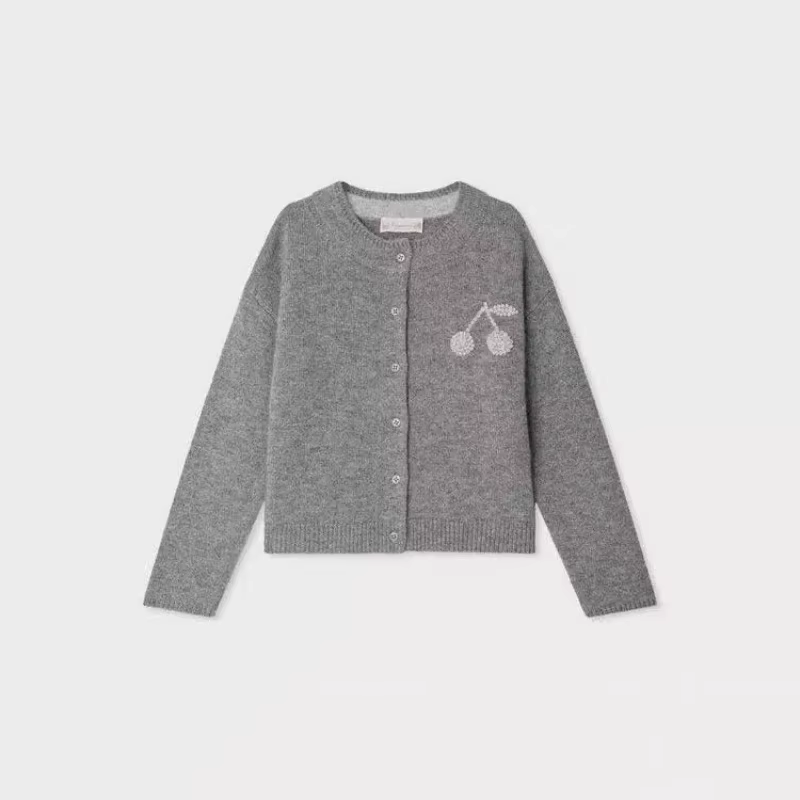Girls' Grey Cherry-Embroidered Cardigan