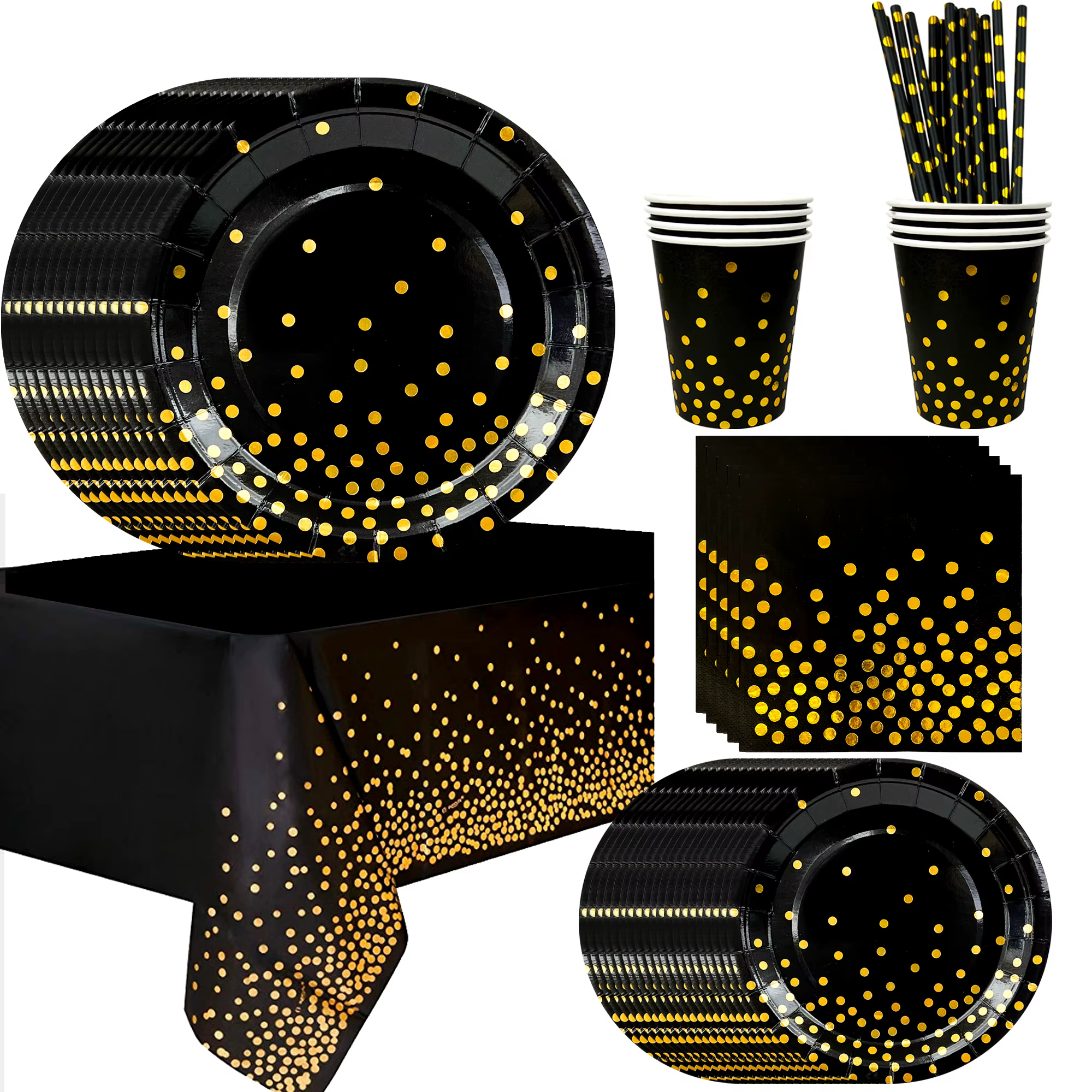 Black & Gold Party Tableware Set – 193 Pieces