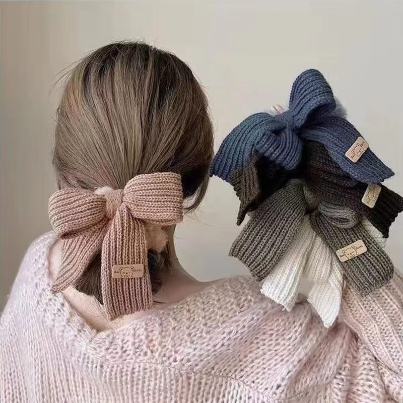 Knitted Lamb Wool Bow Hair Rings - Solid Boho